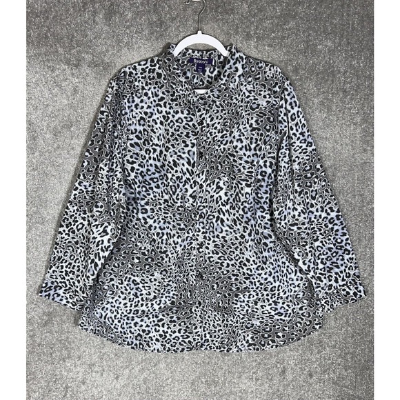 Roamans Long Sleeve Animal Print Button Up Top Shirt Womens Size 24W Gray‎ Blue - Picture 1 of 7